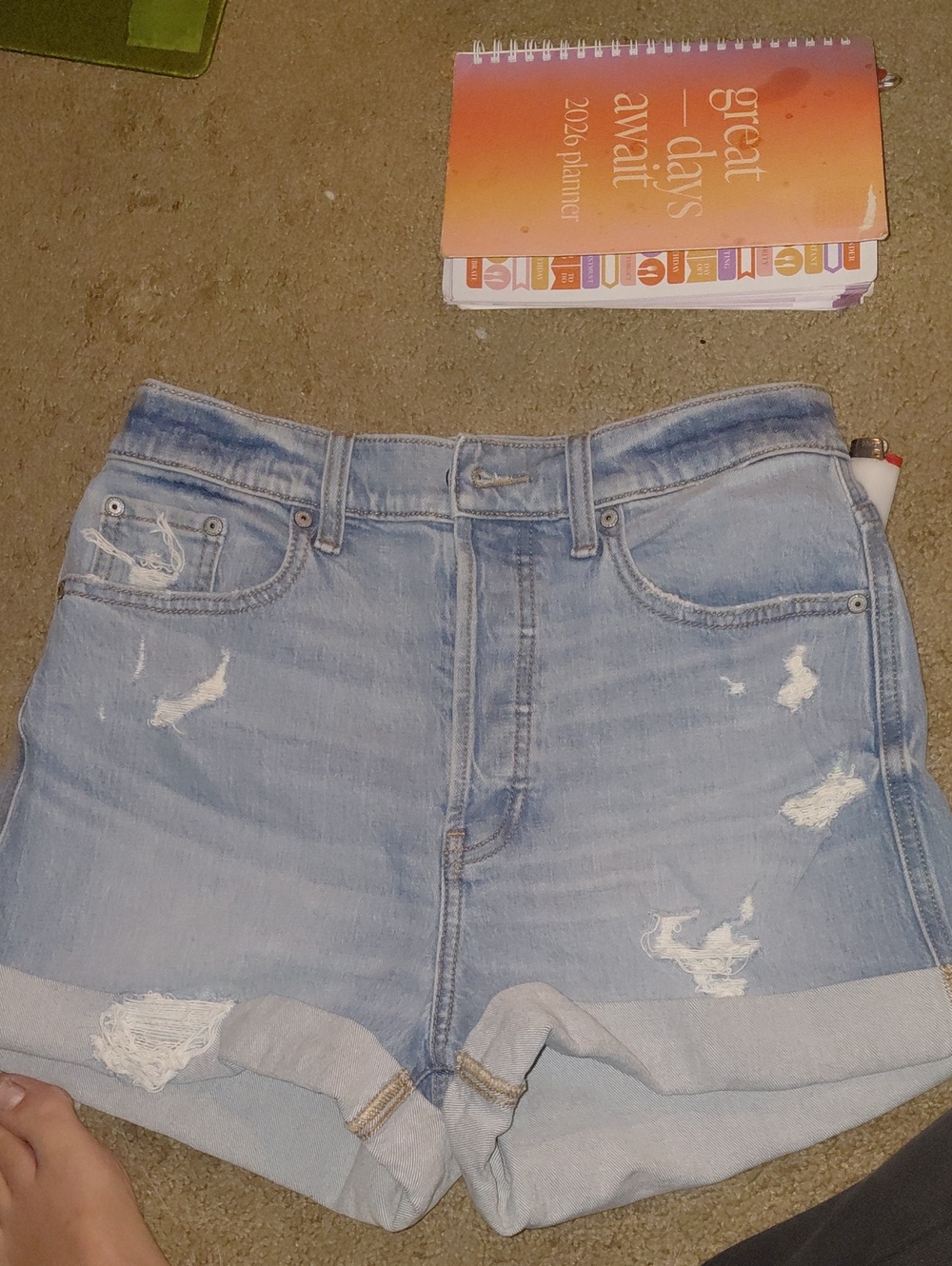 eunina Light Blue Distressed Denim Roll-Hem Shorts